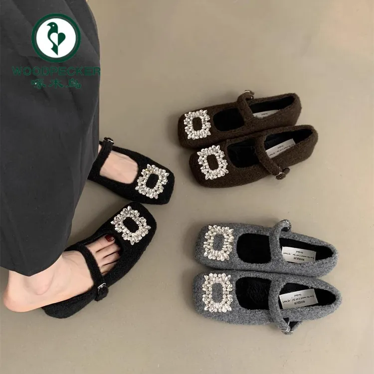啄木鸟法式气质玛丽珍鞋女加绒晚风方头水钻呢子毛毛鞋女冬单鞋子