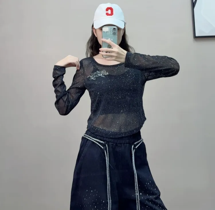 秋季新款银丝洒金闪星宽松上衣时尚百搭广场舞曳步舞跳舞衣服长袖