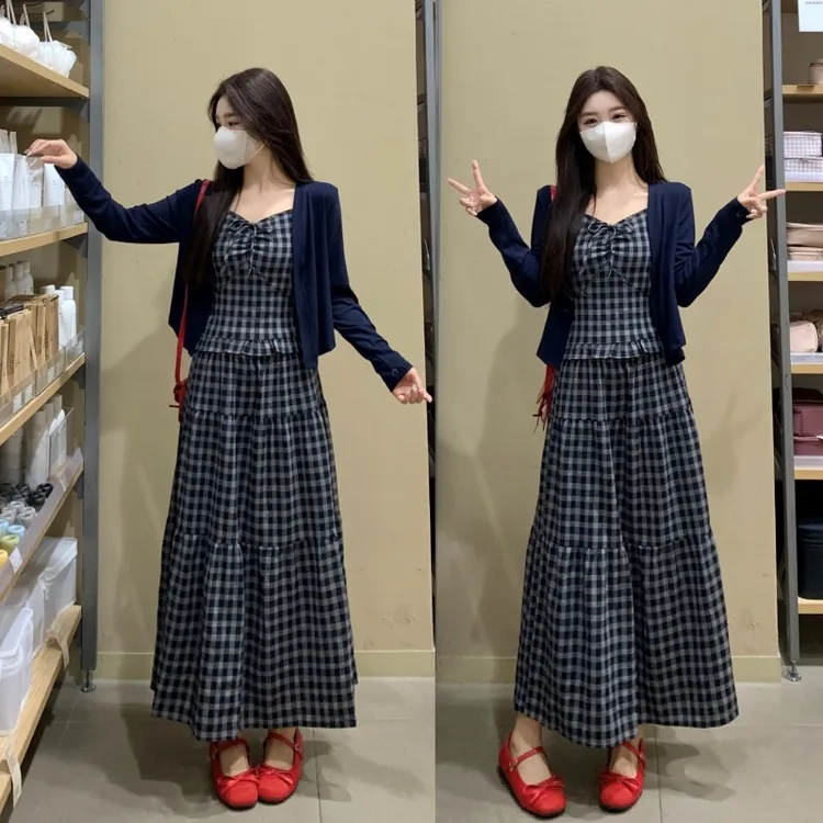 大码韩剧穿搭套装裙女秋季格子吊带上衣胖MM半身裙长袖开衫三件套