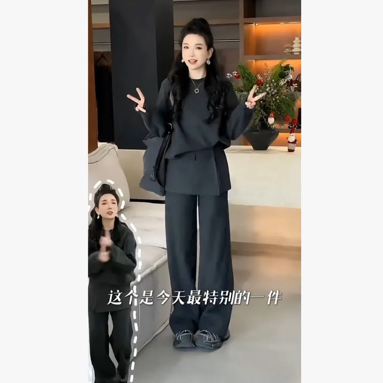 韩系松弛感时尚套装女秋冬2025新款慵懒风针织上衣屁帘长裤两件套