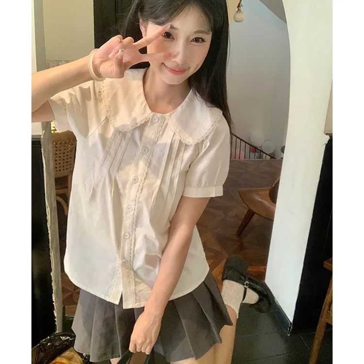 日系软妹纯棉衬衫女夏季薄款学院风娃娃领上衣甜美风衬衣大码内搭