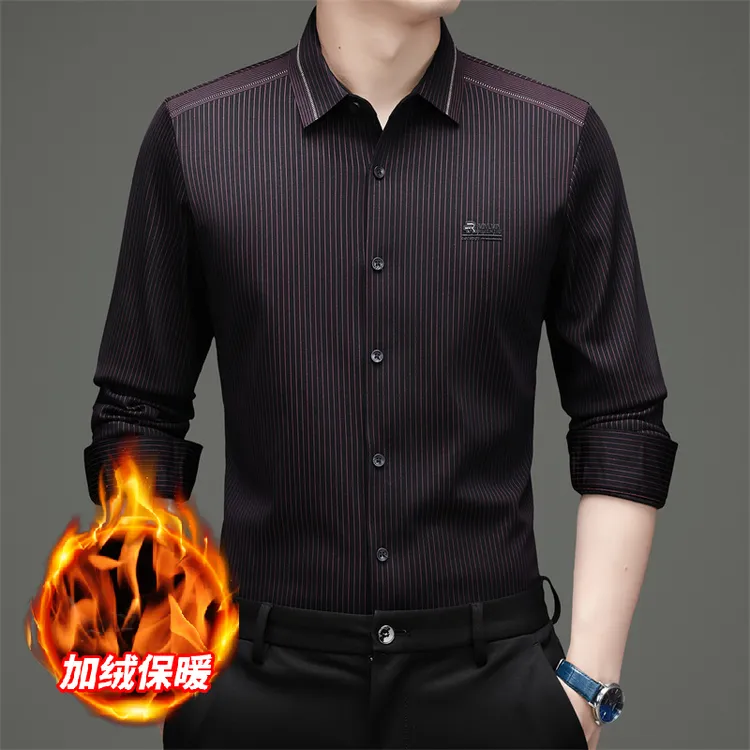 老爷车保暖衬衫男士冬季免烫竖条纹弹力抗皱加厚中年爸爸加绒寸衣