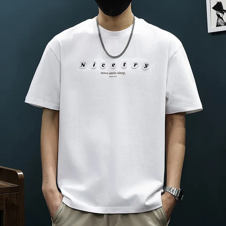 纯棉白色简约男士短袖t恤2025夏季新款潮牌印花爆款宽松圆领体恤