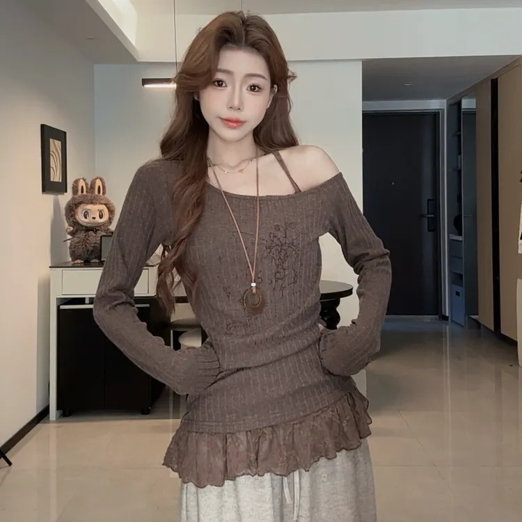 针织内搭打底衫拼接蕾丝气质长袖温柔时尚