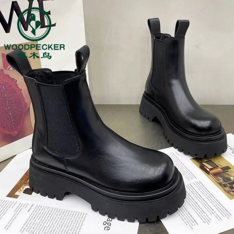 啄木鸟英伦短靴烟筒靴女2025春秋季新款切尔西靴子厚底增高马丁靴