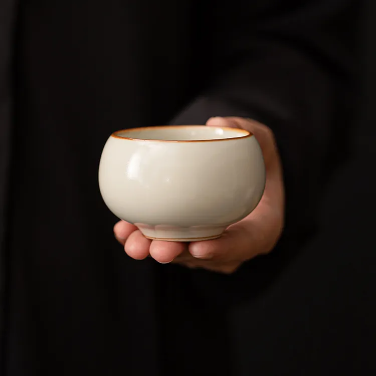 米黄汝窑罗汉杯家用陶瓷功夫茶具单杯品茗杯个人主人杯喝茶杯