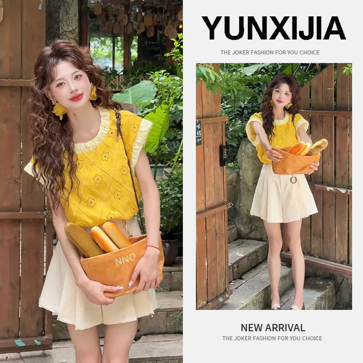 【现货】2025夏季新款时尚设计感甜美气质圆领短袖上衣短裤两件套