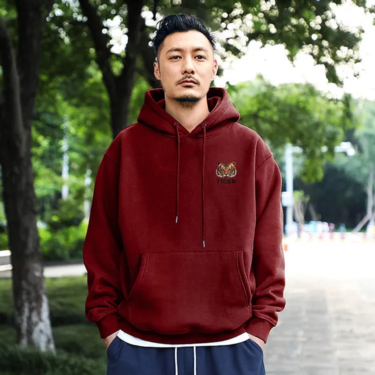 仓石一树潮牌虎头刺绣连帽卫衣男秋冬新款宽松加绒酒红色情侣外套