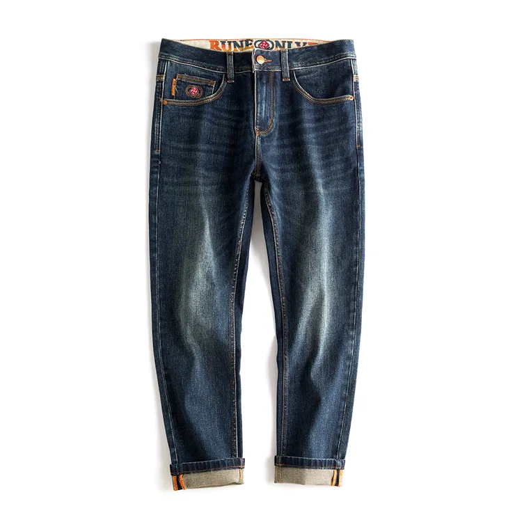 秋冬牛仔裤男士刺绣修身小直筒九分裤弹性休闲百搭2个裤长选择