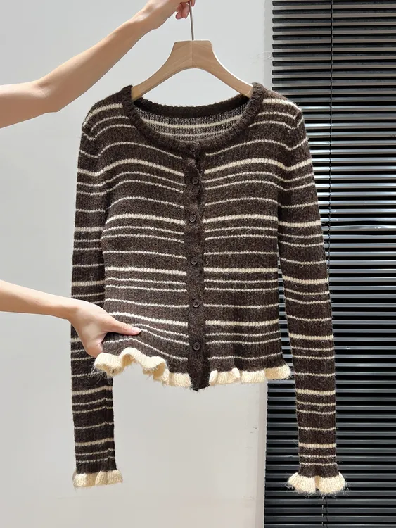 韩系条纹针织开衫女2026新款圆领单排扣修身显瘦长袖上衣H9-27