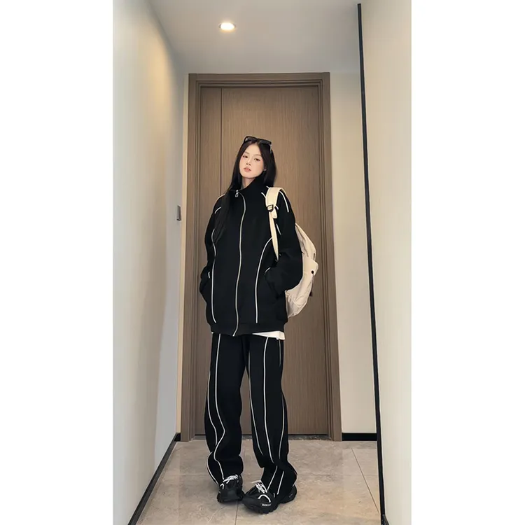 高级感条纹休闲运动套装男女款秋冬季宽松休闲开衫卫衣外套两件套