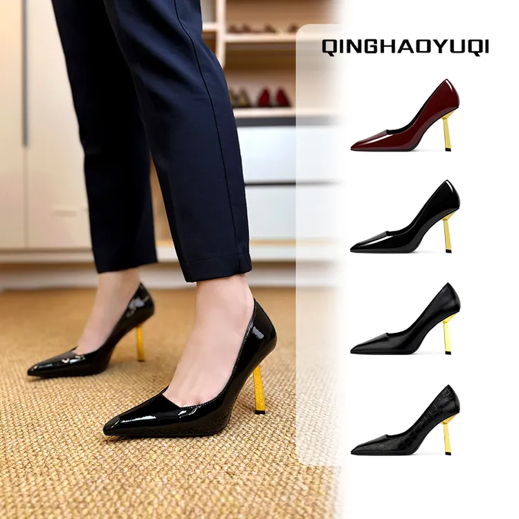 杨树林2025春夏新款黑色小金条细高跟鞋小方头漆皮御姐羊皮单鞋女