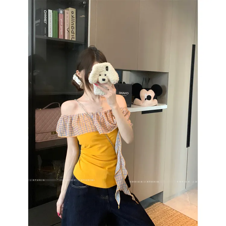 独特纯欲修身格子短袖T恤女收腰显瘦创意针织甜美可爱风格上衣服