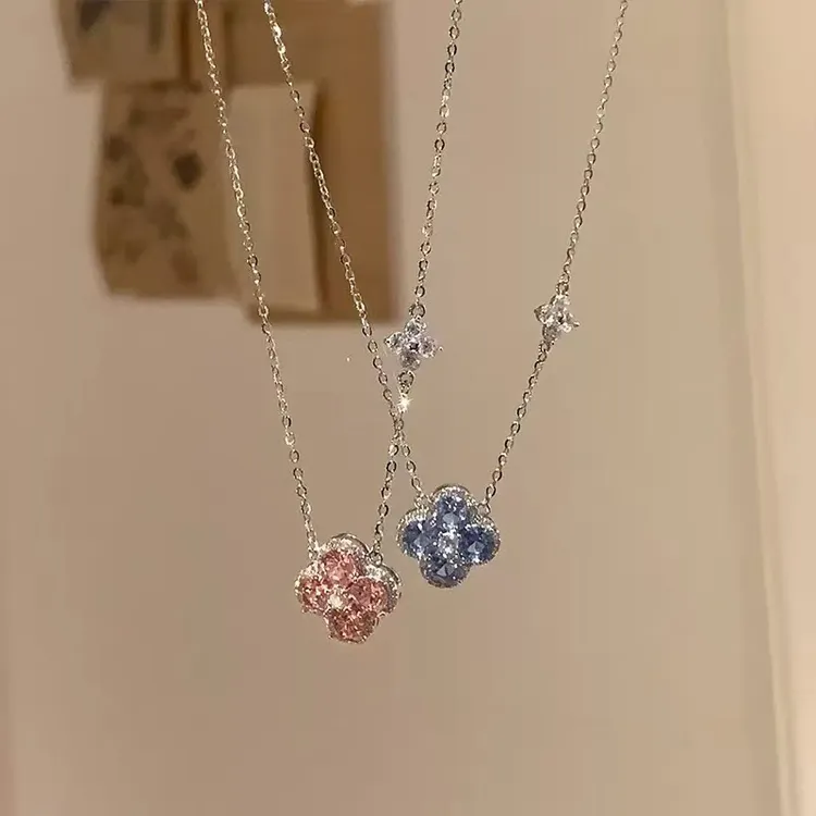 钛钢项链 甜美蓝粉四叶草项链女高级设计简约轻奢精致满钻锁骨链
