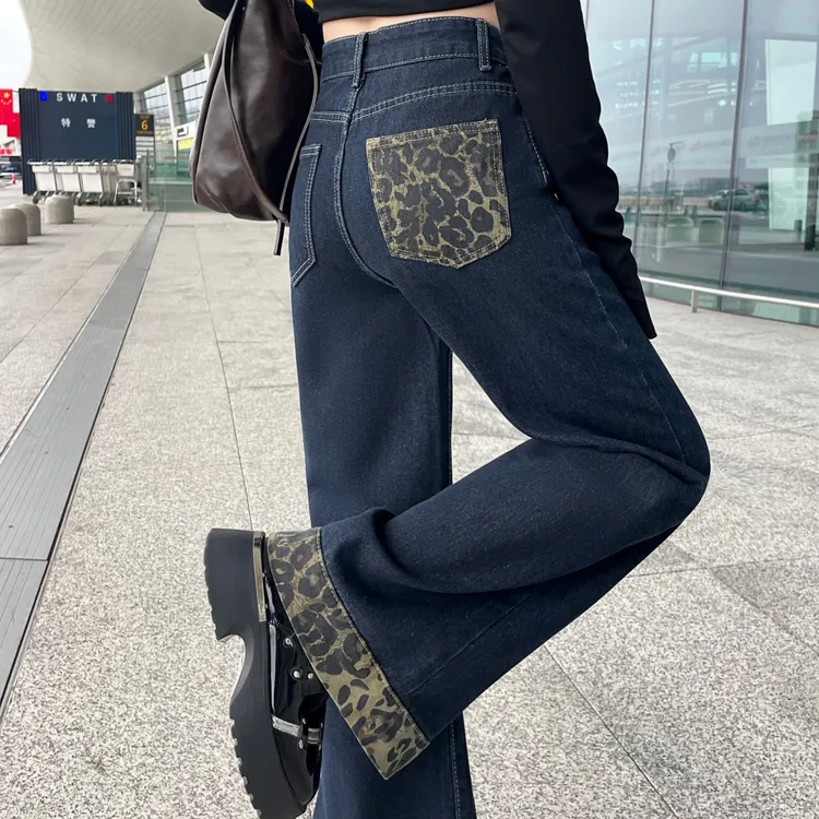 美式复古豹纹拼接阔腿牛仔裤女秋季新款高腰显瘦直筒垂感拖地裤子