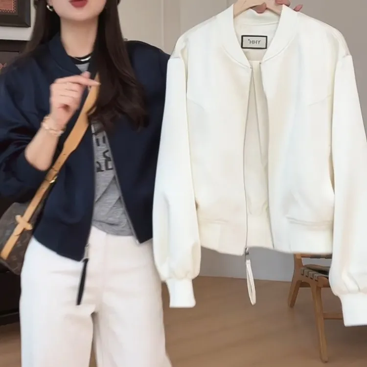美式短款纯色长袖棒球服外套女春秋2025年新款小众开衫飞行员夹克