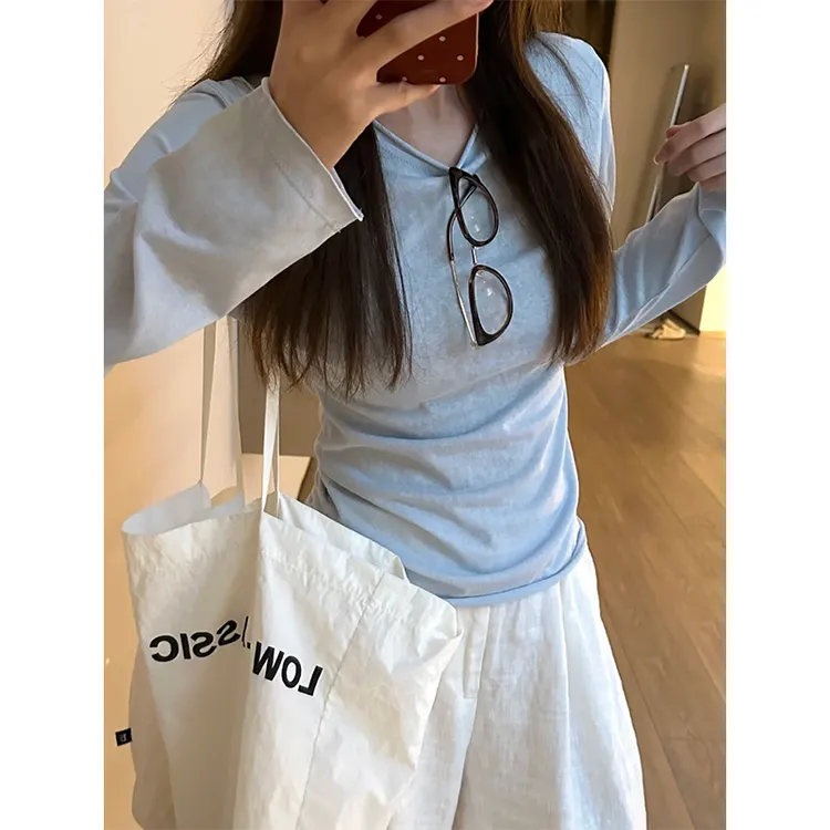 Miss sumeyY3731自制防晒衣baby蓝长袖t恤女薄款修身显瘦卷边上衣