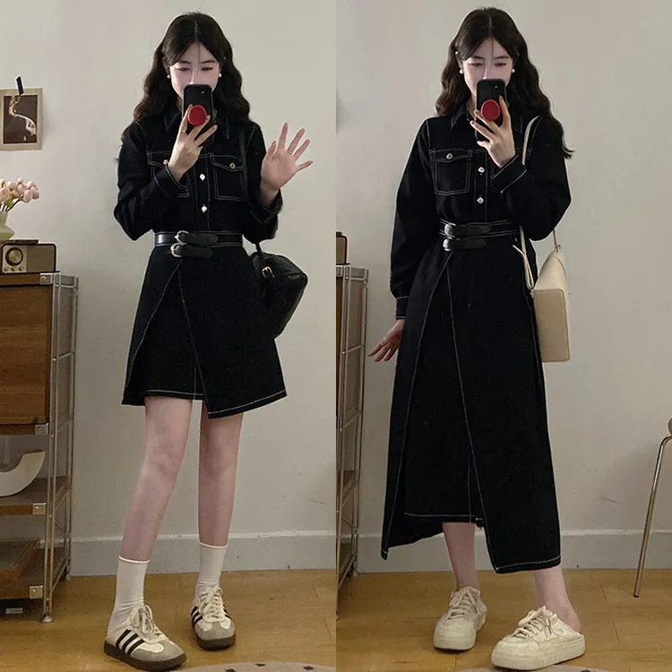 大码胖mm女装设计感黑色牛仔收腰显瘦一片式不规则下摆连衣裙女