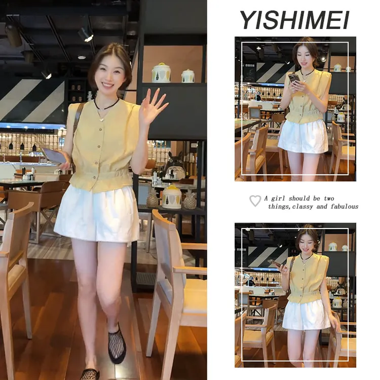 套装女2025年夏季新款爆款时尚减龄v领无袖上衣百搭休闲短裤套装