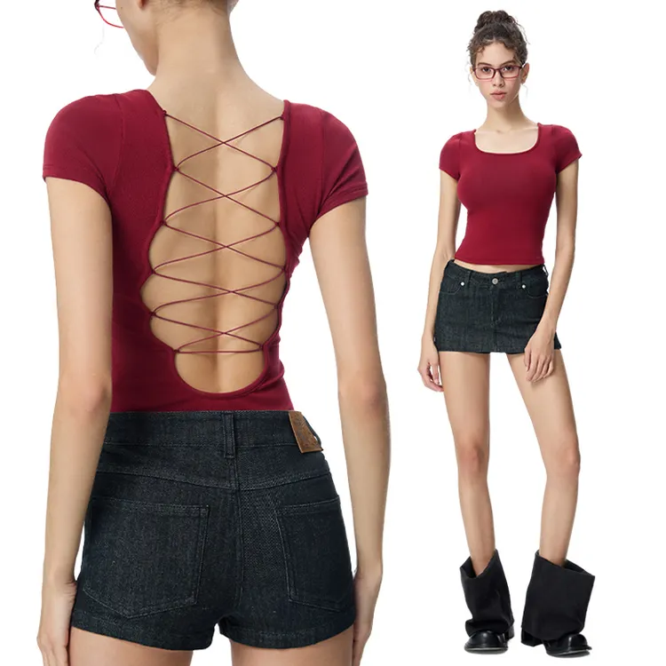 noBra by ABMY 辣妹后背镂空绑带T恤夏季收腰显瘦短袖带胸垫上衣