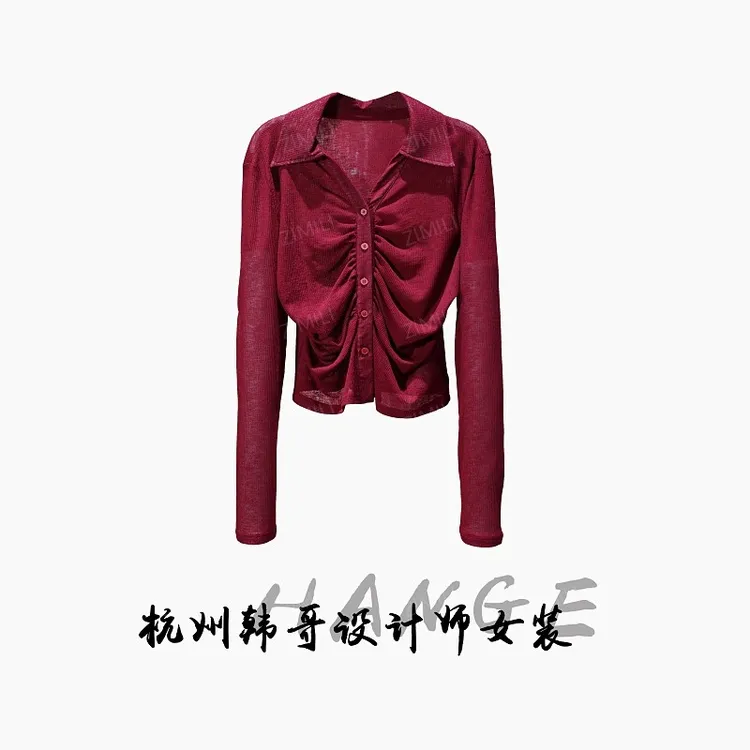 【韩哥女装】2025时装周秀场款波尔多红抽褶时尚修身皮肤衣8883