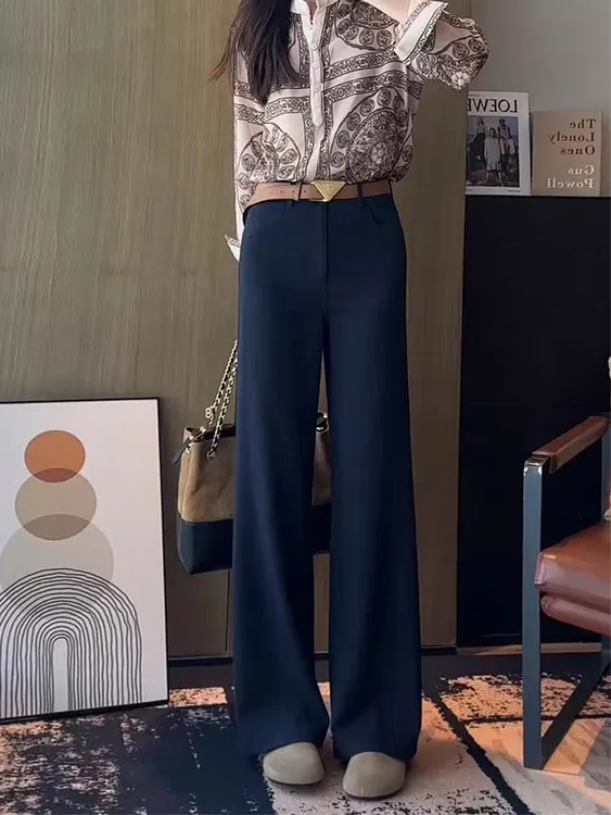 秋冬天丝羊毛裤休闲阔腿裤女高腰垂感显瘦慵懒风百搭高级感西装裤