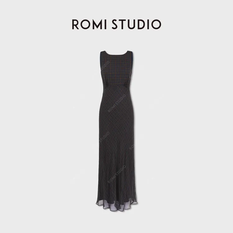ROMI STUDIO“松弛优雅”100%桑蚕丝收腰无袖格纹连衣裙RWCRLG6943