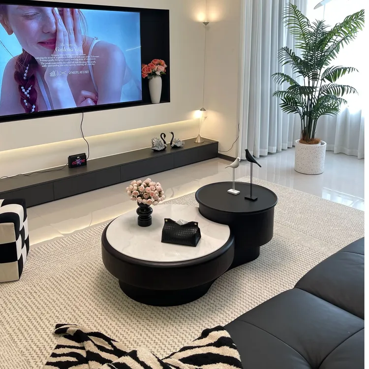 新款木纹圆形伸缩储物茶几客厅家用小户型高级感大理石简约现代