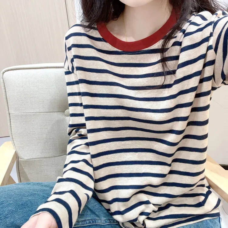 撞色条纹T恤女春秋冬雪花棉慵懒松弛外穿宽松显瘦长袖上衣打底衫