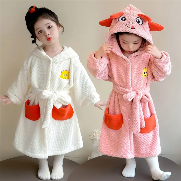 女童珊瑚绒睡袍秋冬款加厚女孩宝宝可穿式吸水浴袍儿童法兰绒睡衣
