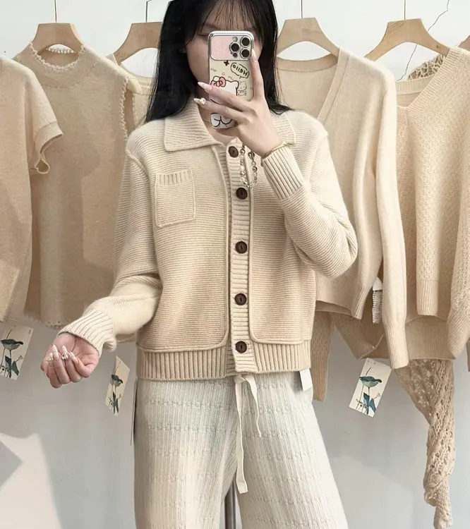 浅秋.意浓纯山羊绒短外套长袖短款厚款百搭潮牌时尚春秋针织宽松