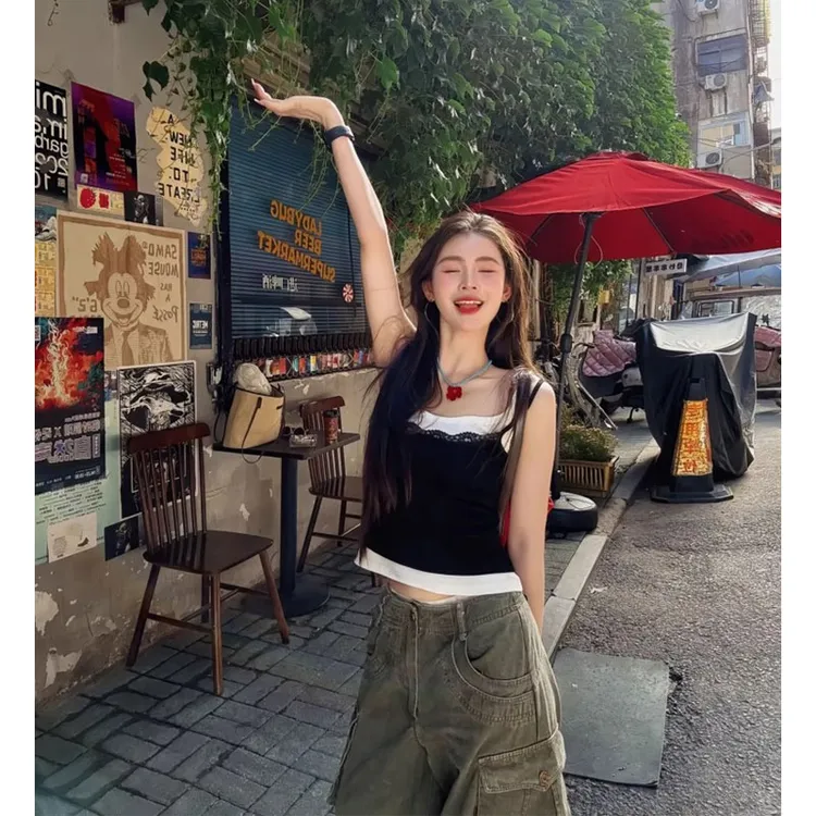 美式复古穿搭一整套夏季新款假两件蕾丝吊带背心阔腿工装裤两件套