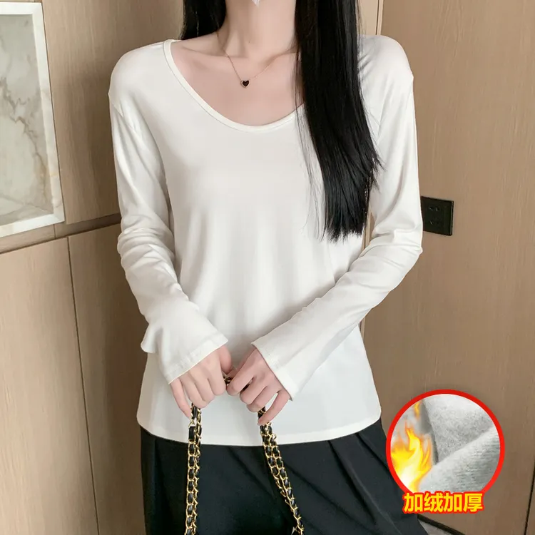 （有运险+8色可选）秋冬纯色U领宽松慵懒感弹力长袖t恤女宽松显瘦