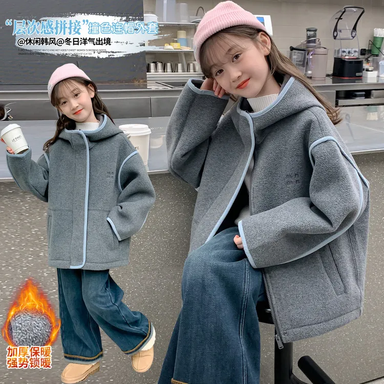 呢大衣韩版冬季女童中大童休闲连帽宽松加厚保暖洋气中长款