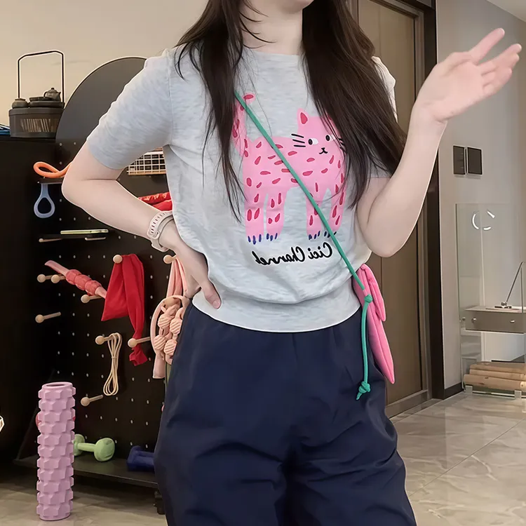 洋气印花小猫设计百搭休闲短袖针织衫女2025春夏季新款气质上衣潮
