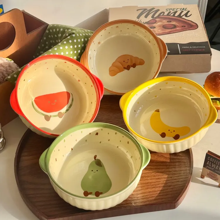 【两碗两勺】7.5英寸水果可颂陶瓷泡面面碗釉下彩好看手绘家用餐具