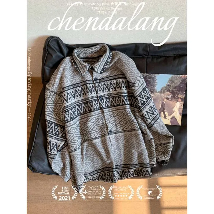 陈达浪不太胖大码男装冬季新款潮流百搭不规则图案宽松衬衫外套