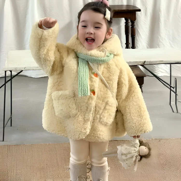 女童加绒加厚外套2025新款时髦洋气儿童毛毛衣中长款女孩冬装