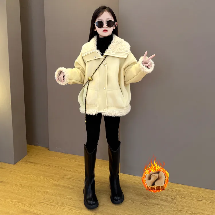 女童加绒加厚秋冬款大翻领韩版棉服2025新款冬季加绒铅笔裤套装潮