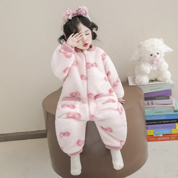 宝宝连体睡衣秋冬季加厚珊瑚绒女孩防踢被保暖睡袋儿童连身家居服