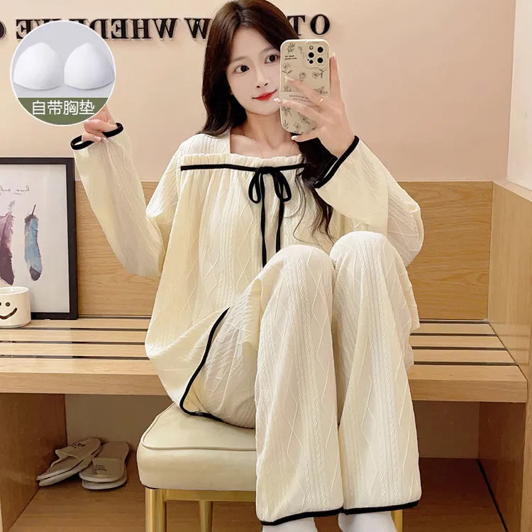 带胸垫方领睡衣女春秋季长袖薄款韩版甜美休闲公主风可外穿家居服