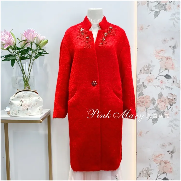 PinkMary粉红玛琍红色立领羊毛毛呢冬季大衣女百搭外套秋冬中长款