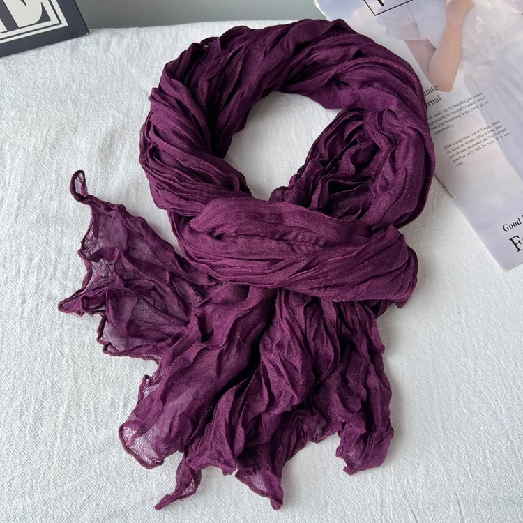 秋冬季新款紫色围巾女棉麻纯色韩版文艺百搭丝巾褶皱披肩保暖围脖