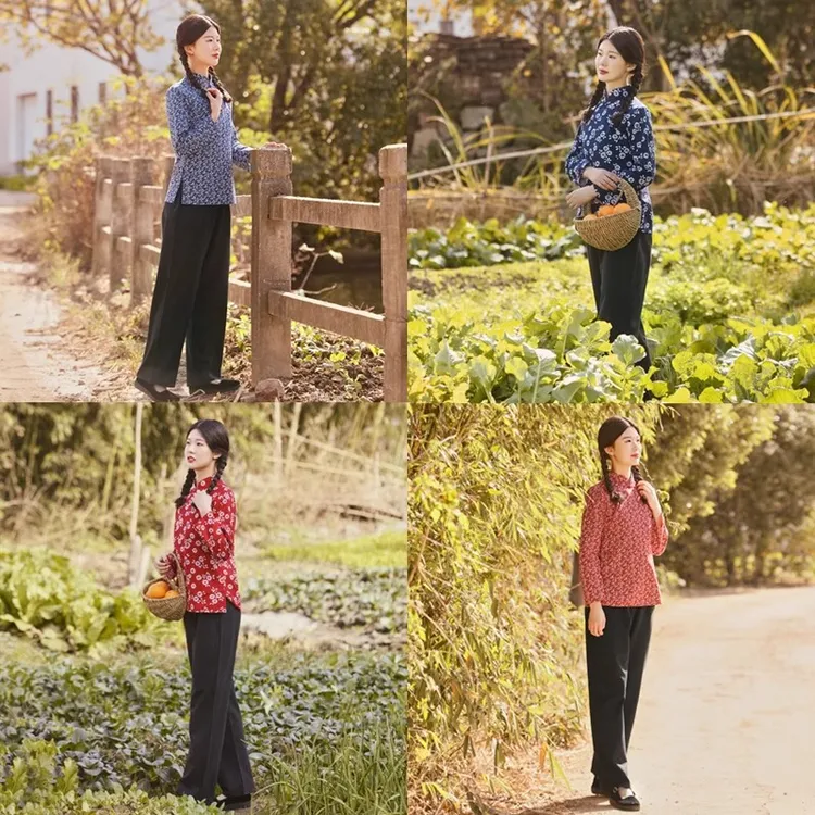 网红村姑服装女老式碎花衣服乡村风怀旧服装农村衣服阿庆嫂演出服