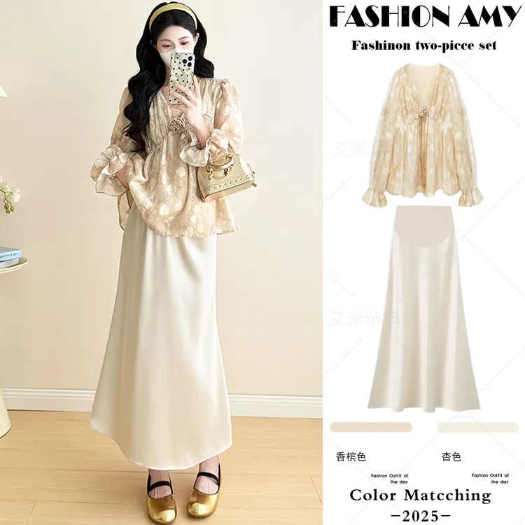 孕妇装秋装新款时尚法式气质玫瑰花朵V领长袖衬衫显瘦缎面半身裙1