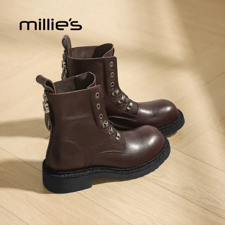 MILLIE'S/妙丽复古粗跟机车马丁靴风格女2025秋新款百搭时尚短靴