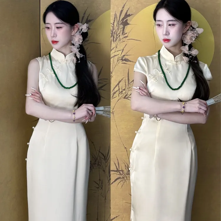 LHMknk1画报夫人原创自制改良手工盘扣国风新中式旗袍 司藤奶白