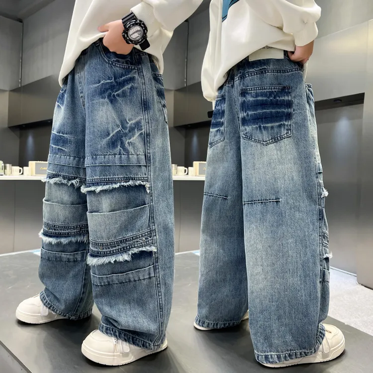 2025秋装男童春秋牛仔裤男女大童时髦痞帅工装直筒裤韩版儿童长裤