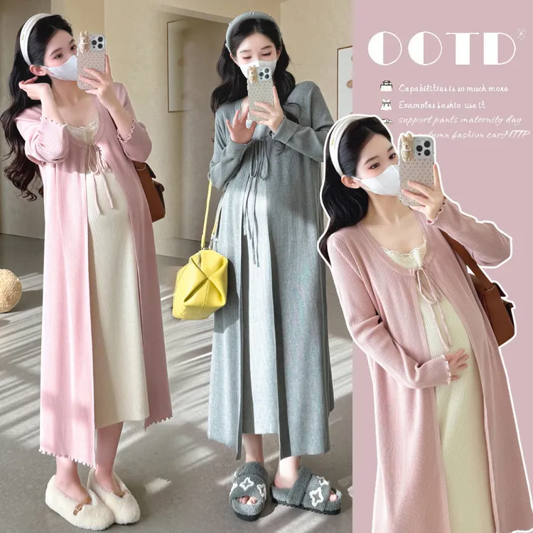 2025秋冬新甜美假两件蕾丝拼接针织设计感撞色系带外穿孕妇连衣裙