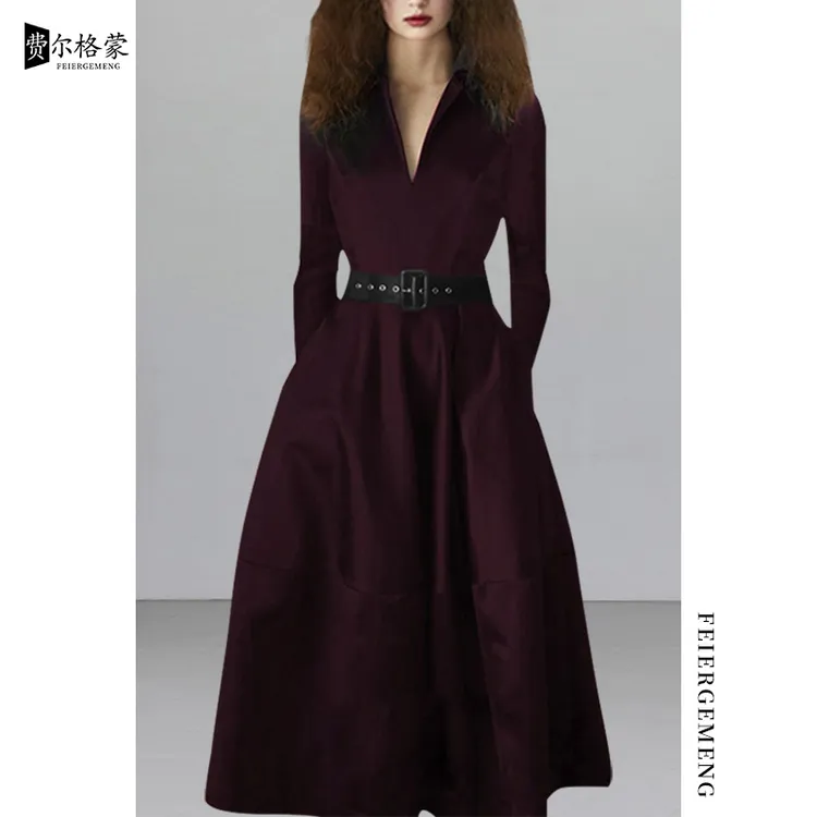 新款晚礼服时尚长袖连衣裙女打底裙气质V领修身礼服赫本风连衣裙